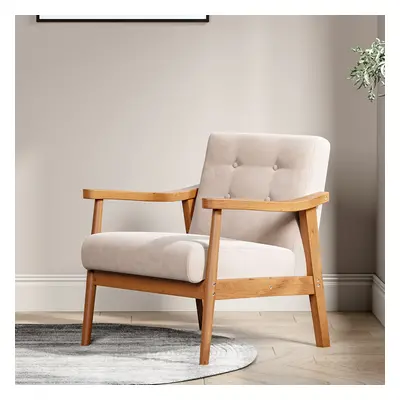 (Beige) Wooden Frame Leg Couch Linen Chair Armchair Fireside Solid Wood Vintage