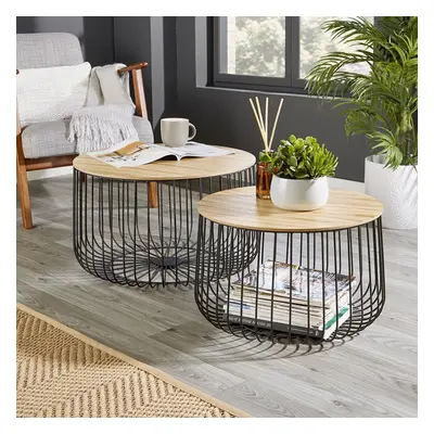 Home Source Canary Set of Metal Wire Frame Wooden Top Coffee Tables