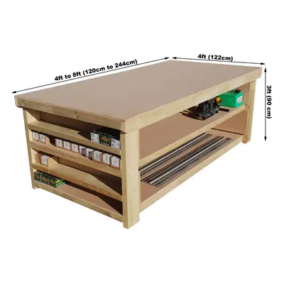 (8ft, Legs With Wheels) Workbench MDF Top Wide Double Shelf 4FT Depth With Side Shelving Wooden 