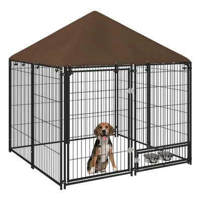 PawHut Outdoor Dog House Kennel with Canopy Top & Lock Rotating Bowl Holder