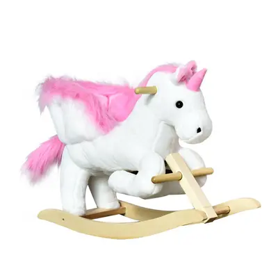 HOMCOM Kids Wooden Ride On Unicorn Rocking Horse Plush Toy Soft Seat Pink