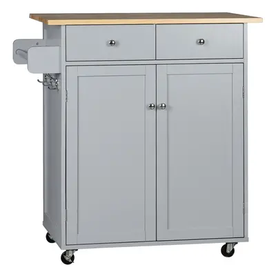 HOMCOM Rolling Kitchen Island, Utility Serving Cart with Rubber Wood Top Grey