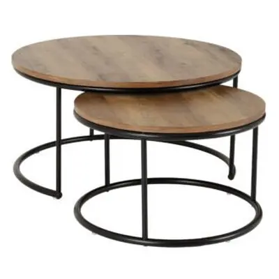 Quebec Round Coffee Table Set Metal Plastic Feet-Medium Oak Effect/Black