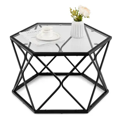 Geometric Glass Coffee Table Hexagonal End Table w/ Tempered Glass Top