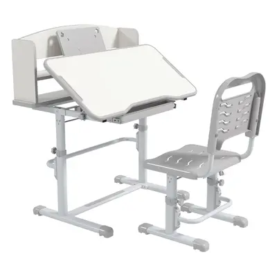 ZONEKIZ Height Adjustable Kids Desk and Chair Set, with Drawer, Bookshelf, Grey