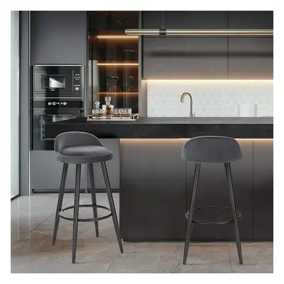 Bar Stools Set of Dark Grey Velvet Seat Bar Chairs Breakfast Kitchen Counter Islands Metal Legs