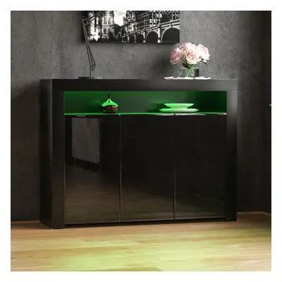 (Black) Nova Door LED Sideboard Wide Shelf Gloss Cabinet