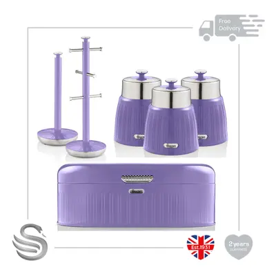 (Purple) Swan Retro Towel Pole & Mug Tree, Bread Bin & Set of Canisters Stainless Steel