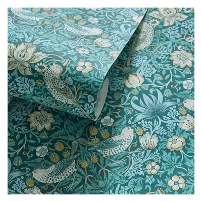 William Morris Strawberry Thief Wallpaper Deep Teal W0171/06