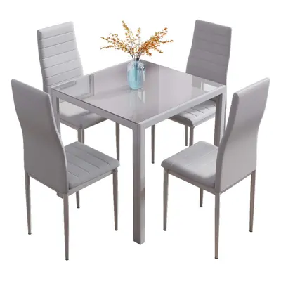 (Grey) Glass Table and Chairs Set 4, 75cm Square Table with Faux Leather High Back Chairs Modern