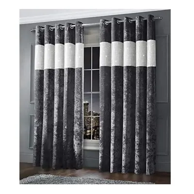 Intimates Luxury Thermal Crushed Velvet Diamante Charcoal Grey Ringtop/Eyelet Pair of Curtains (