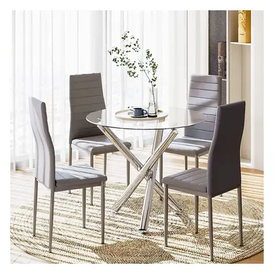 (Glass Table+4 Grey Chair) Dining Table and Chairs Set of 4, High Back PU Leather Chair with Gla