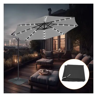 (Grey) 3M LED Patio Banana Parasol Garden Hanging Cantilever Umbrella with Base Cover