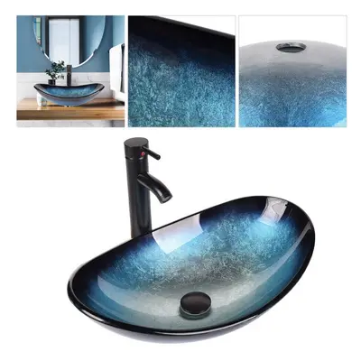 Bathroom Countertop Basin Tempered Glass Wash Sink Set Boat Shape Blue