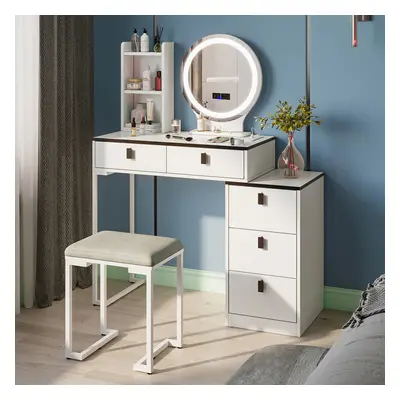 Dressing Table with Mirror and Stool, Vanity Table Set with Color Detachable LED Mirror, Drawer 