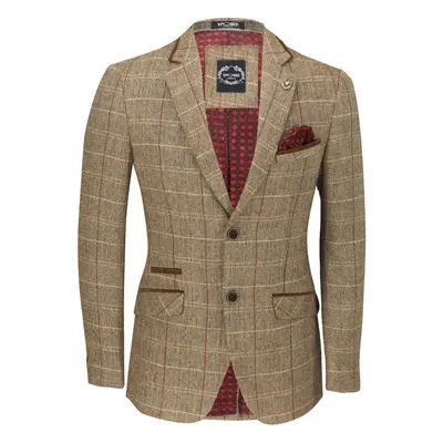 Mens Vintage Tweed Herringbone Check Grey Oak Tan Blazer Designer Smart Jacket [Light Oak Brown 