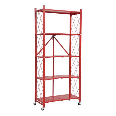 (Red) Tier Metal Folding Storage Shelf with Wheels