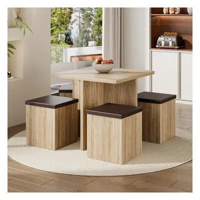 Dining Table and Chairs Set Natural Wooden Table and Storage Stools Dining Set