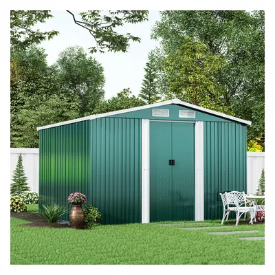 8 x ft Dark Green Metal Shed Garden Storage Shed Apex Roof Double door with Base Foundation