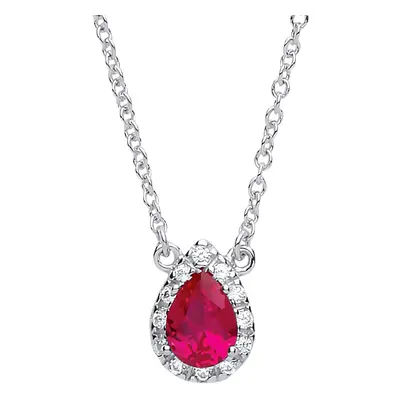 Jewelco London Ladies Sterling Silver Ruby-Red Pear Cubic zirconia Teardrop Halo Charm Necklace 