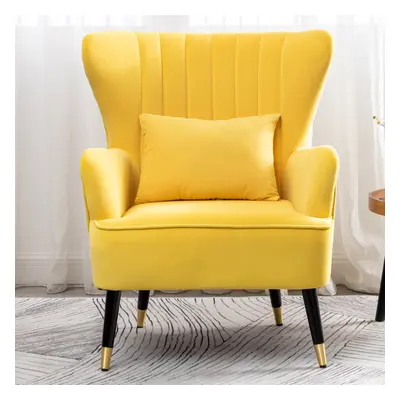 (Yellow) Modern Velvet Accent Armchair Wing Backed Tub Chair with Lumbar Pillow