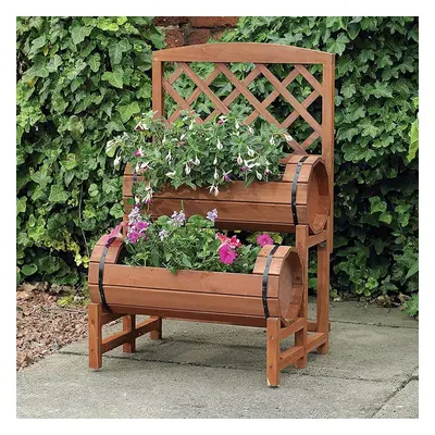 Vintage Wooden Garden Twin Barrel Planter Plant Stand With Trellis