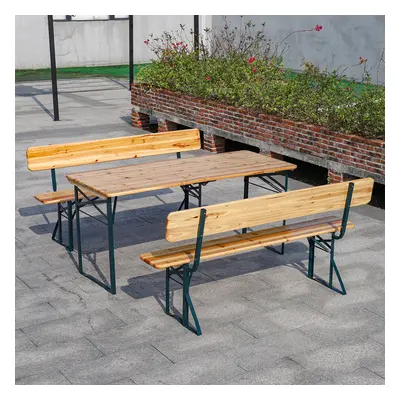 (1 Table+2 Benches Set) Wooden Beer Table+2 Bench Set Folding BBQ Outdoor