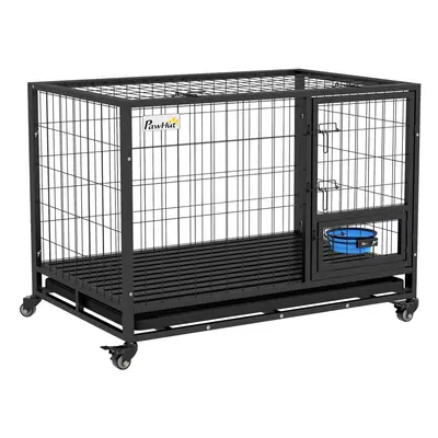 PawHut 43" Heavy Duty Dog Crate on Wheels w/ Bowl Holder, Removable Tray