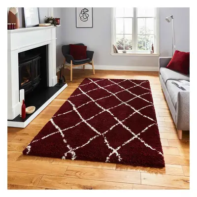 (Red/Cream, x cm) Diamond Geometric Shaggy Rugs Nordic Scandi Barber Style Rug Soft Warm Small L