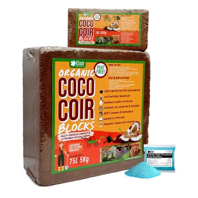 (75 with 30g Fertiliser, 5) Organic Coco Coir Blocks/Bricks | 10L & 75L Potting Medium/Compost S