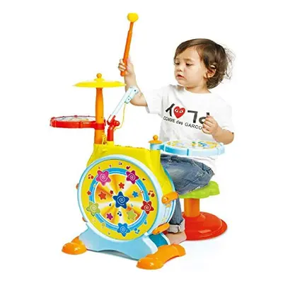 Prextex Toy Drum Set for Toddlers with Working Microphone, Lights, Adjustable Sound, Bass Drum, 