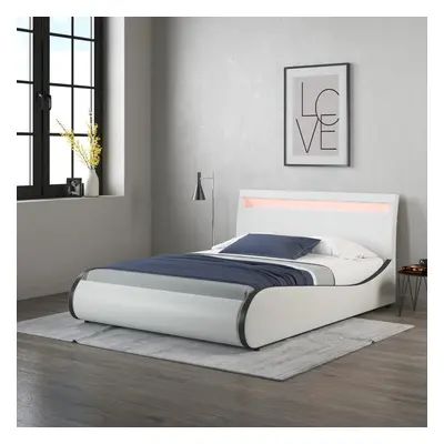 (White With Black Trim, Small Double x 120cm) Orion Faux Leather LED Lights Headboard Bed Frame