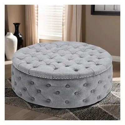 (Light Grey) Round Upholstered Chesterfield Footstool Pouffe Foot Stool Seat