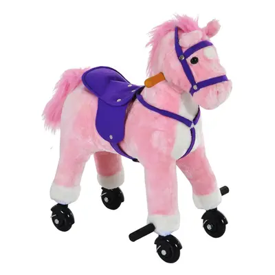 HOMCOM Wheeled Rocking Horse Ride on Rocker Children Riding Toy Plush Pink Sound