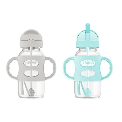 Dr. Brown's Milestones Wide-Neck Sippy Straw Bottle with 100% Silicone Handles, 9oz/270mL, Gray 