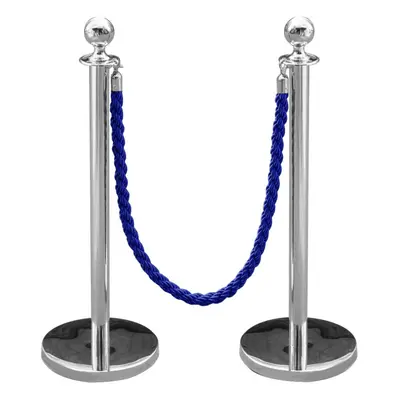 (Blue Twisted) 2x Polished Steel Queue Rope Barrier Posts Stands Twisted Rope