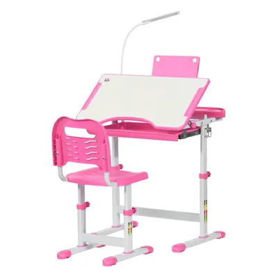 HOMCOM Kids Study Desk and Chair Set w/ USB Lamp, Adjustable Height, Pink