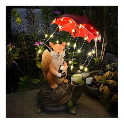 Solar Garden Statues - Outdoor Ornaments Squirrel Siting on Turtle Holding an Umbrella with LED 