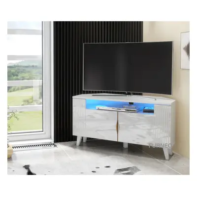 (White LED Lights) Furneo White Corner TV Stand 100cm Unit Cabinet Matt & High Gloss Azzurro06 B