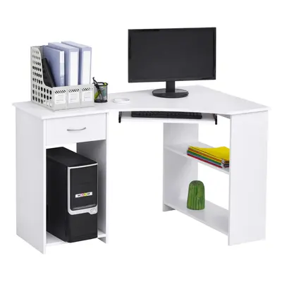 HOMCOM L-Shaped Corner Computer Desk w/ Shelves Worktop Keyboard Tray White