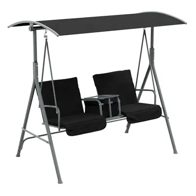 Outsunny Person Covered Patio Swing with Pivot Table & Storage Console Black