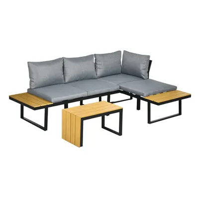 Outsunny 3PCs Patio Furniture Set w/ Cushions, Wood Grain Plastic Top Table