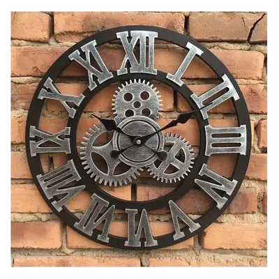 LARGE WALL CLOCK BIG ROMAN NUMERALS OPEN FACE WOOD SILVER 58CM