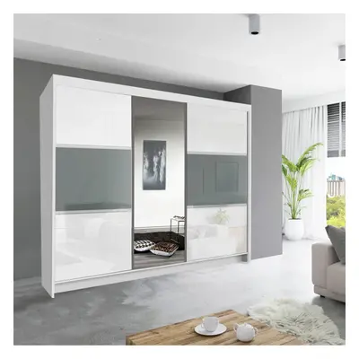 (250cm, White ) Fort High Gloss Sliding Door Wardrobe with Drawers