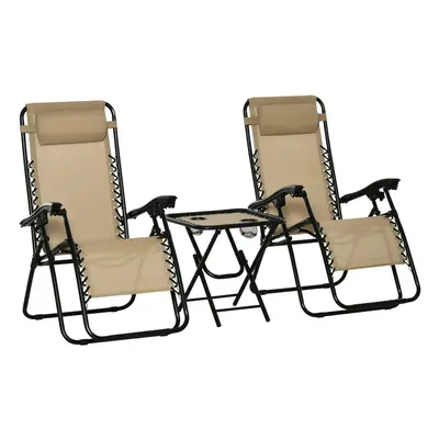 Outsunny 3PC Zero Gravity Chairs Sun Lounger Table Set w/ Cup Holders, Beige