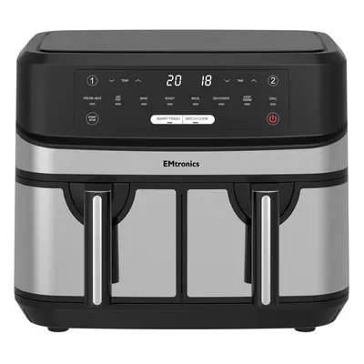 EMtronics Double Basket Air Fryer Litre with Minute Timer - Stainless Steel