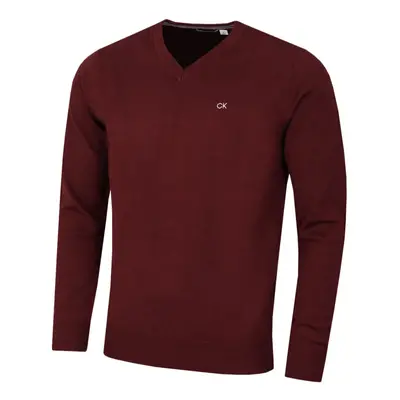 (L, Burgundy) Calvin Klein Mens V-Neck Soft Cotton Easy Care Golf Sweater