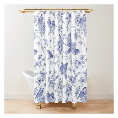 Shower Curtains Vintage Blue Toile Birds French Country Pattern for Bathroom Decor 72x72 inches