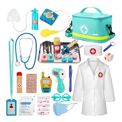 Doctors Set for Kids, 34-piece Kids Doctors Wooden Kit, Real Stethoscope Portable Doctors Bag an