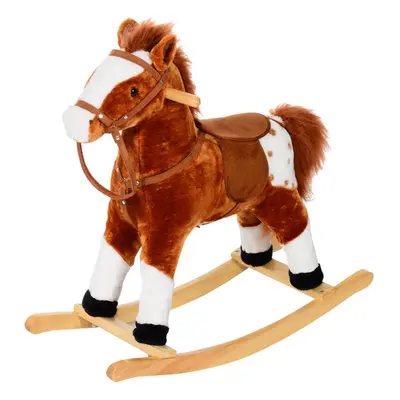 HOMCOM Rocking Horse Toy Plush Wood Pony Riding Rocker Neigh Sound Brown